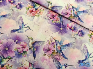 Teplákovina fialové květy s kolibříky